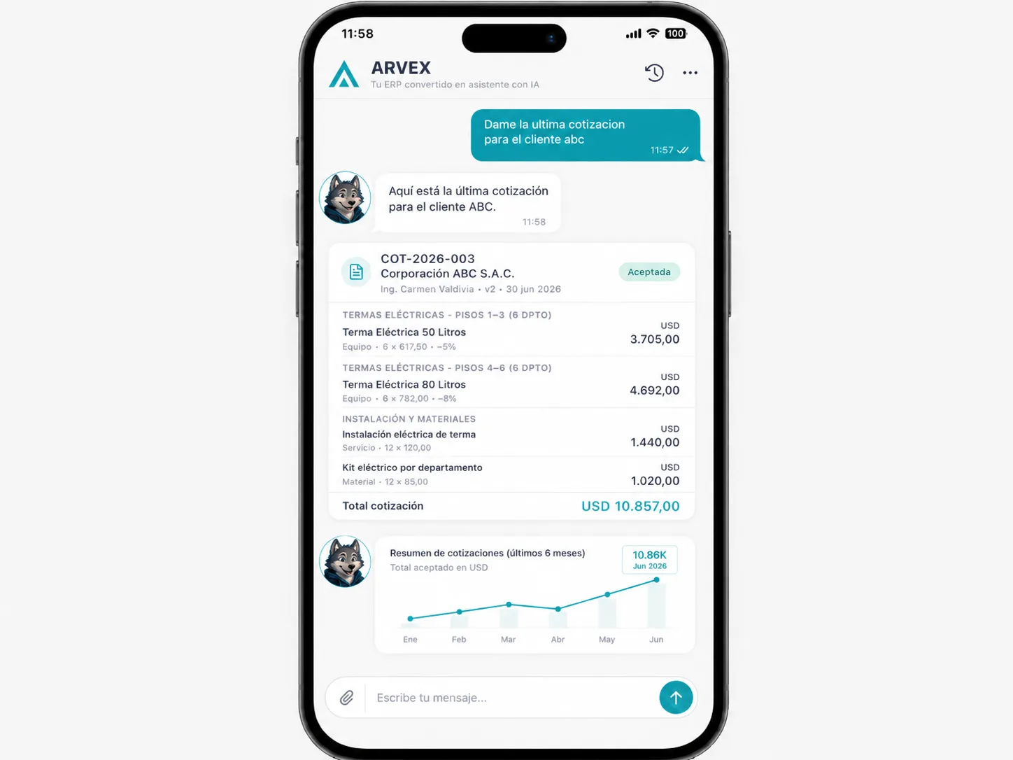 La app de ARVEX mostrando una cotización en el chat